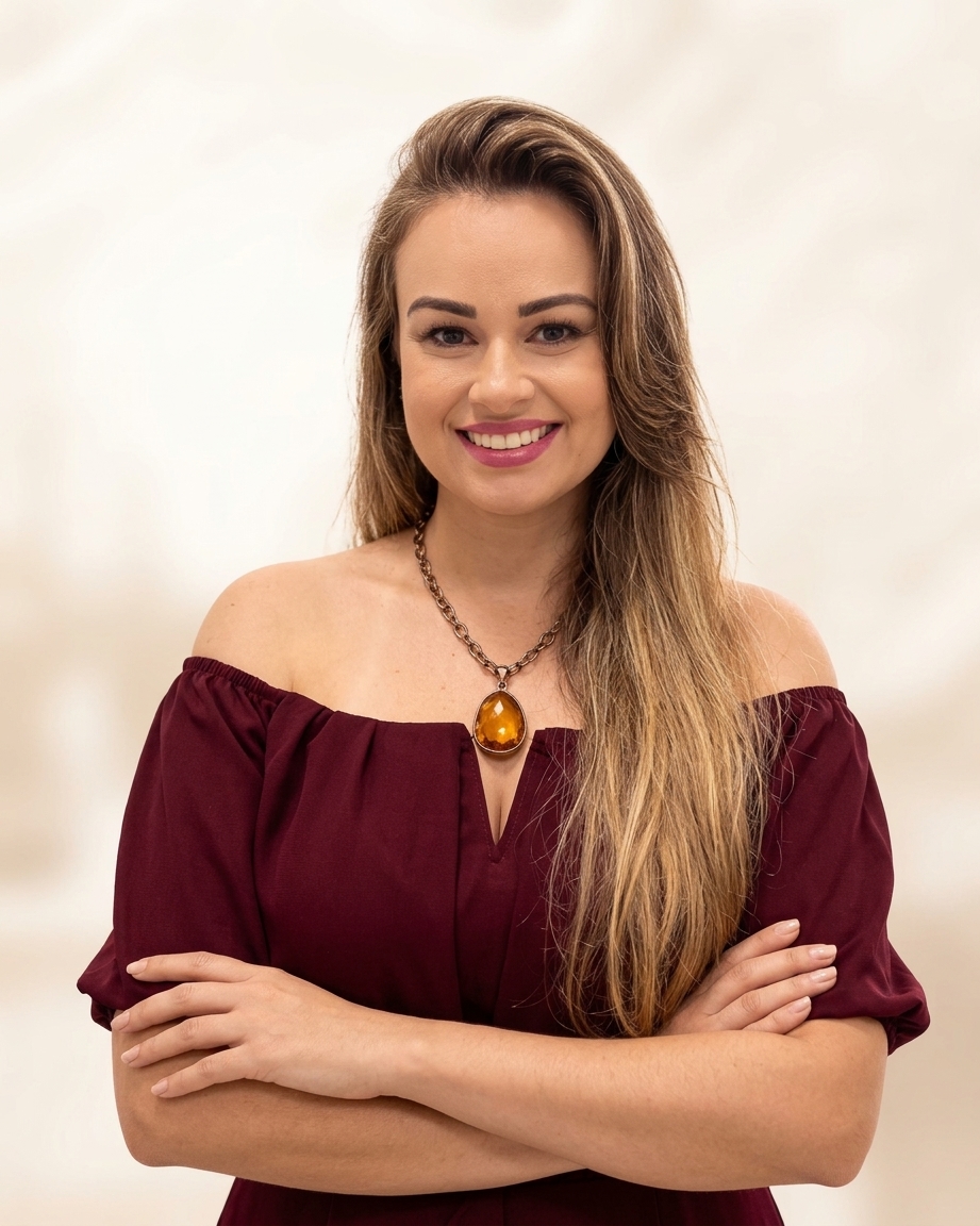 Tatiane Santos sorrindo, de vestido vinho, com os braços cruzados